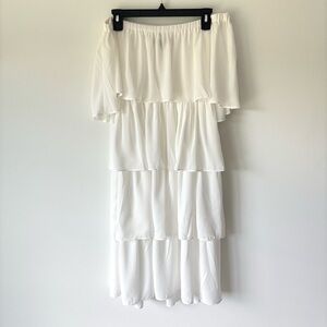 Off the Shoulder White Tiered Flowy Midi Dress Bridal Shower Wedding Maternity